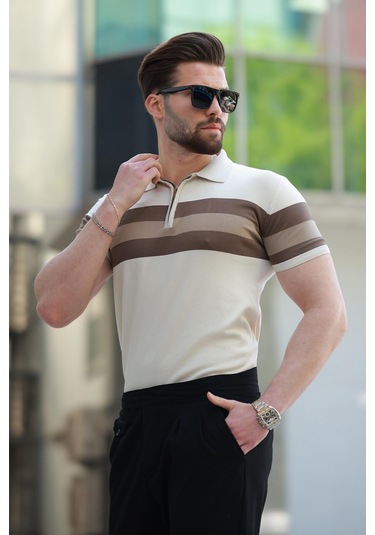 Madmext Taba Fermuarlı Polo Yaka Çizgili Erkek Tişört E7406 Taba