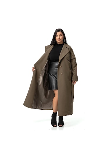 Büyük Beden Mono Yaka Kruvaze Kapamalı Yırtmaçlı Astarlı Uzun Haki Trençkot-haki Haki