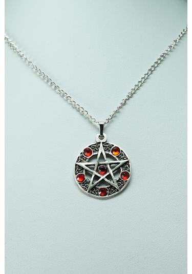 Orko Takı Taşlı Pentagram Zincirli Kolye Gümüş