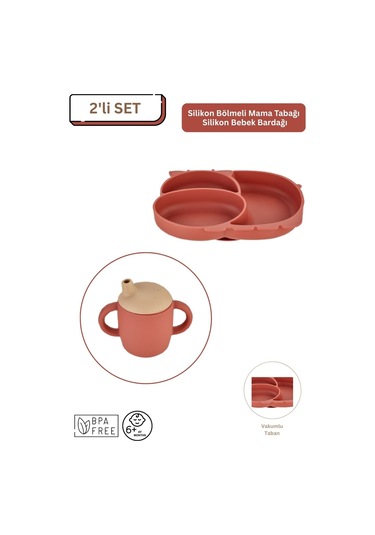 2'li Silikon Bebek Beslenme Seti / Bölmeli Mama Tabağı / Bebek Bardağı - Kiremit Rengi Kiremit