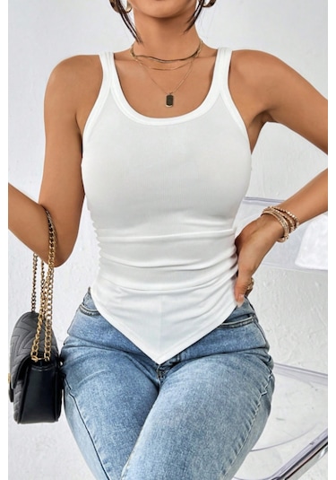 Cool Tarz Kadın Fitilli Atlet Slim Fit Kaşkorse Basic Yazlık Askılı Bluz Beyaz