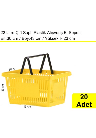Plastik Alışveriş El Sepeti Çift Saplı 22 Litre Sarı 20 Adet / En:30 Boy:43 Yükseklik:22 Cm Sarı