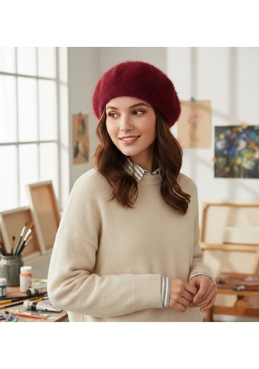 Derikem Fransız Tüylü Peluş Ressam Bere Kadın Şapka Bordo