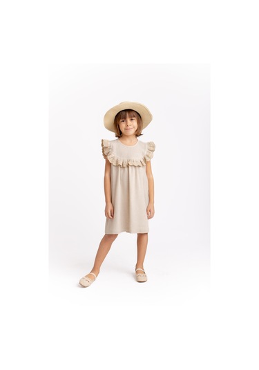 Robadan Fırfır Nakışlı Keten Kız Çocuk Elbise Naturel Naturel Bej
