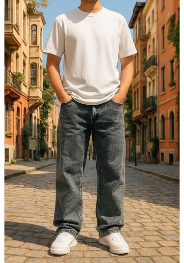 Baggy Siyah Renk Rahat Kesim Erkek Jeans Pantolon-1795 Siyah