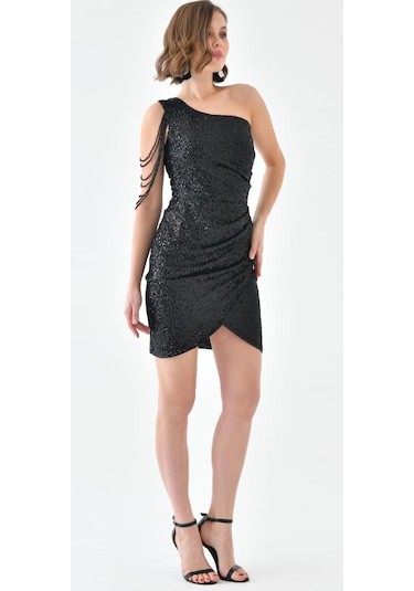 Hanife Glam Couture Hanife Glam Tek Omuz Taş Tasarımlı Mini Pulpayet Elbise Siyah