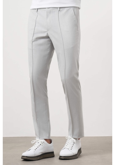 Morven Erkek Gri Poliviskon Trend Düz Slim Fit Nervürlü Lastikli Pantolon Gri