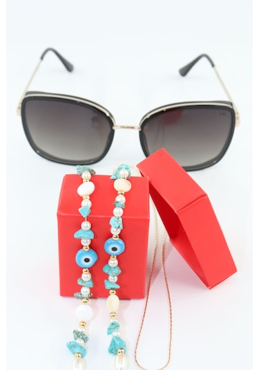 Boncuklu Gözlük İpi. Gözlük Zinciri. Tasarım İncili Doğal Taşlı. Gözlük İpi. Gözlük İpi Askısı. Beyaz - Mavi