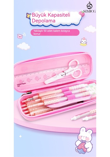 Karikatür Büyük Kapasiteli Su Geçirmez Çift Katmanlı Plastik Kalem Kutusu Pembe