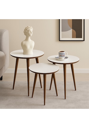 Madrid 3'lü Zigon Sehpa %100 Mdf Yuvarlak Beyaz