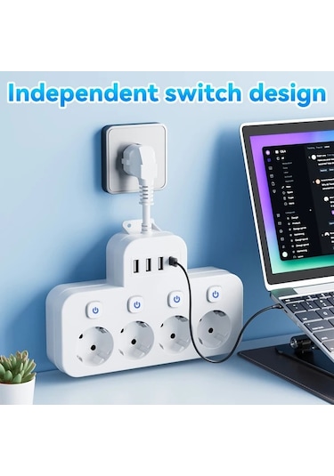 Xuweiwei Siyah Kısa Kablo 1.5m 3m Seçenekleri Avrupa Güç Prizi 4 Ac Çıkış 3 Usb 1 Type-c Portu Aşırı Yük Koruması Duvar Montajı Seyahat Ev Kullanımı