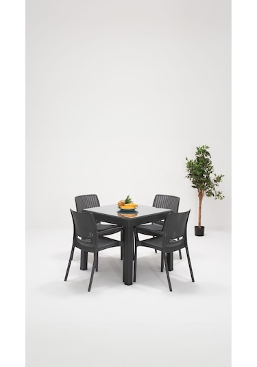 Rattan 4 Kişilik Kollu Camlı Bahçe Masa Takımı - Antrasit Siyah