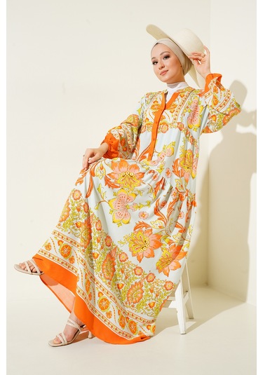 Bigdart 2423 Otantik Desenli Elbise - Y.Turuncu
