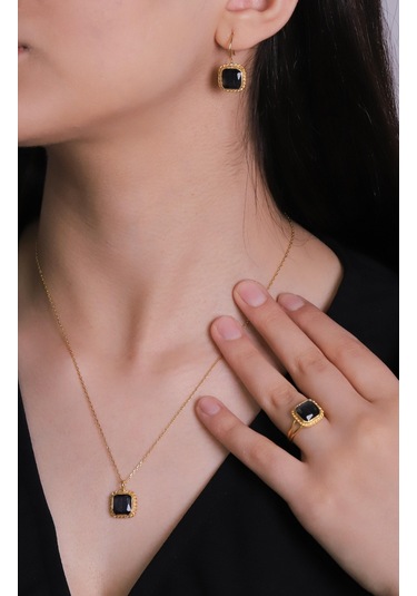 Beyisa  Güneş Taşı Serisi Sarma Kare Kesim Renkli 22 Ayar Altın Kaplama Kadın Üçlü Set