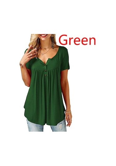 Yeşil Bayan O Boyun Düğmesi Gevşek Elastik Bayanlar Kısa Kollu Tunik Gömlek Kadın Rahat Bluzlar Tops Yeşil
