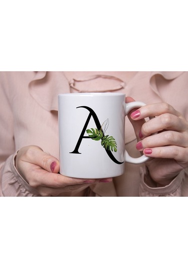 A Harf Zarif Yaprak Desenli Kupa Bardak - Naturel Sade Alfabe Harfli Bardak - Kişiye Özel Hediye Beyaz
