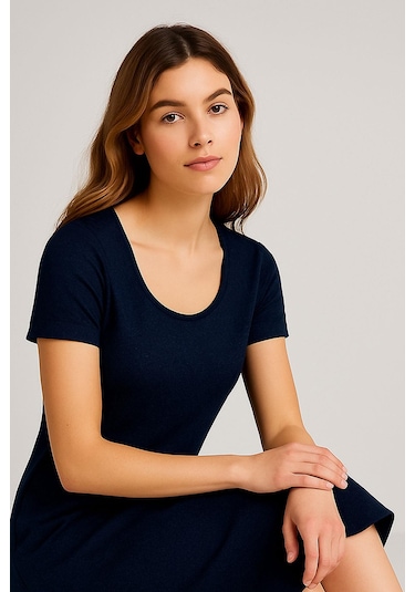 Dökümlü Rahat Kalıp Günlük Penye Kumaş Elbise Lacivert