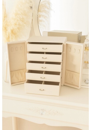 Dışı Deri İçi Kadife 5 Çekmeceli Takı Bijuteri Mücevher Kutusu Organizer Düzenleyici Krem İthal Ürün