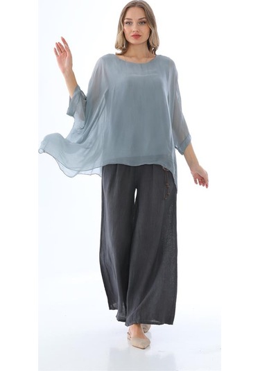 İtalyan Yarasa Kol İpek Bluz-8869 Gri