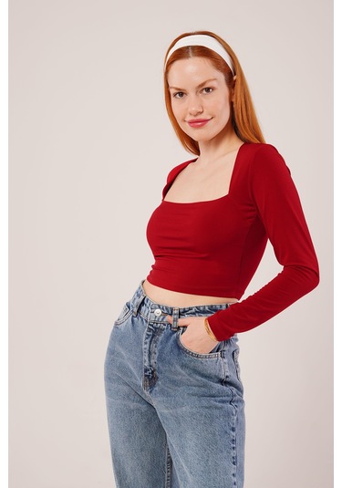 Gülsüm Aydın Kare Yaka Basic Bordo Bluz Bordo