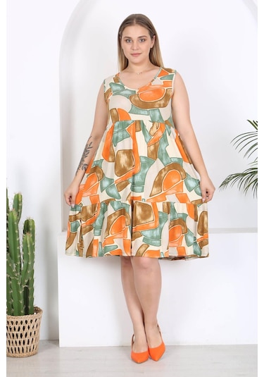 Kadın Turuncu Yeşil Geometrik Desen Büyük Beden Katlı Elbise Turuncu