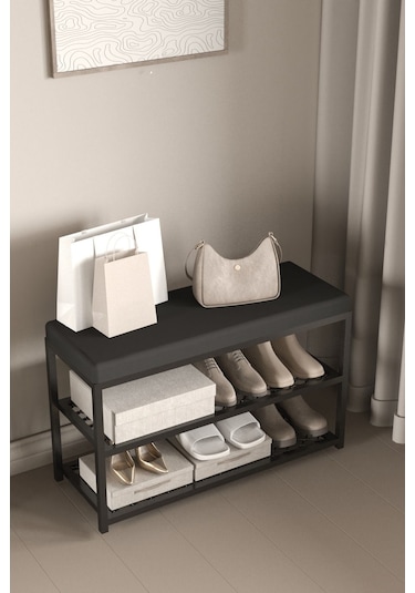 Aju Ayakkabılık Puflu Süngerli Oturaklı Metal Ayakkabı Rafı Modern Vestiyer Baklavalı Metal Tasarım