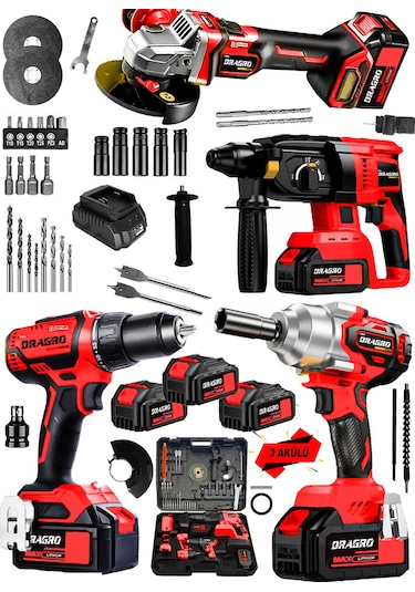 Dragro Alman DRG-999VF 20 AH 4'lü Set Akülü Şarjlı Vidalama + Somun Sökme + Taşlama + Kırıcı Delici Set K