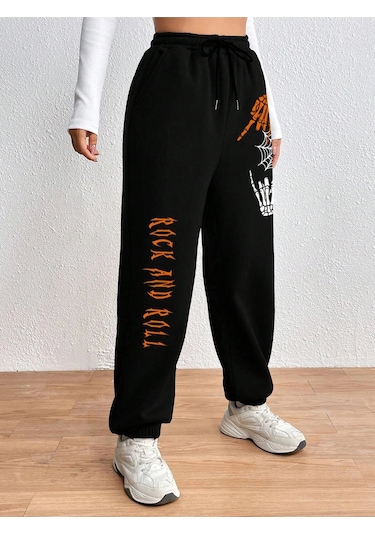 Halloween Skeleton Hand & Letter Graphic Drawstring Waist 4 Mevsim Eşofman Siyah