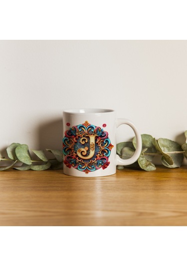 J Harfi Boho Bardak, Renkli Özel Tasarım Hediyelik Harfli Kupa, 330ml Porselen Beyaz