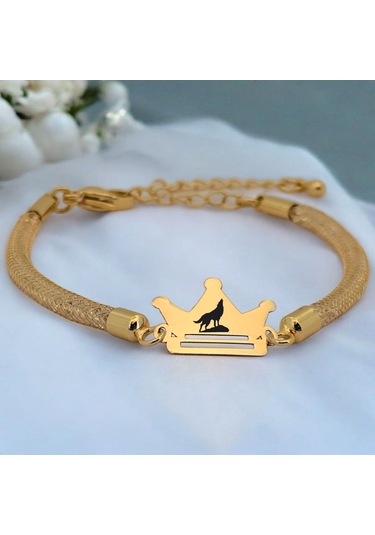 Archin Bozkurt Temalı Taç Figürlü 14 Ayar Altın Plakalı Hasır Kordonlu Hediye Bileklik-464sembol Bozkurt