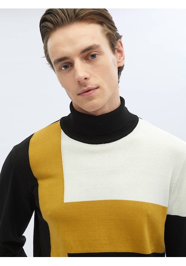 Siyah Tam Balıkçı Yaka Desenli Pamuk Karışımlı Triko 656011 Siyah