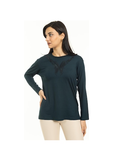 Yeni Sezon Kadın Orta Yaş ve Üzeri Yeni Desen Triko Yaka Likralı Anne Penye Bluz 30520-Yeşil