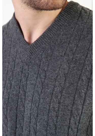 Ferraro Füme V Yaka %100 Kuzu Yünü Erkek Kazak Füme