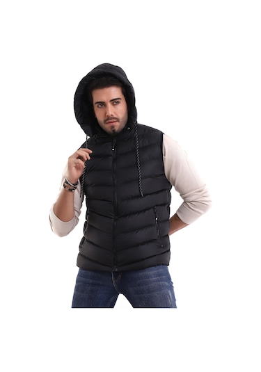Everest Jel Dolgu Çıkartılabilen Fermuarlı Kapüşonlu Erkek Şişme Yelek Siyah
