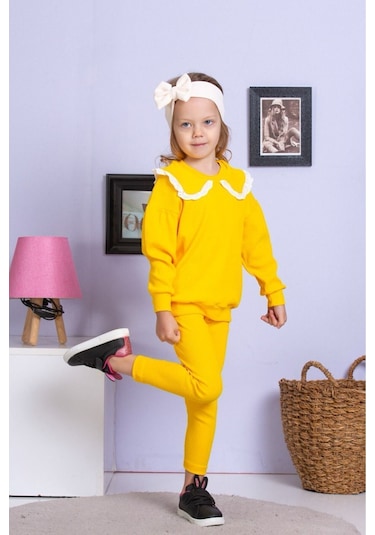 Fisto Yaka Detaylı Alt Üst Kaşkorse Kız Çocuk Takım Sarı