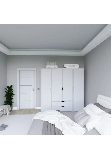 Duru Mat Beyaz 4 Kapılı 2 Çekmeceli Elbise Dolabı - Gardırop Seti Beyaz