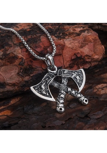 Vintage Viking Çift Taraflı Balta Erkek Kolye Çelik İskandinav
