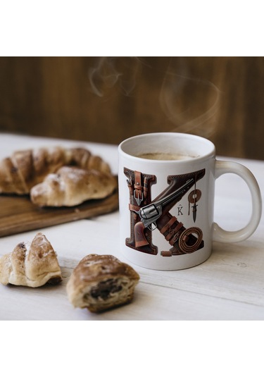 K Harfi Kovboy Temalı Bardak 330 Ml İsim / Harf Kişiye Özel Hediye - Vahşi Batı Konsept Beyaz