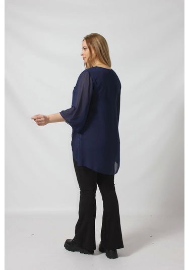 4048 Şifon -simli Dantel Kombinli Büyük Beden Bluz Lacivert Lacivert