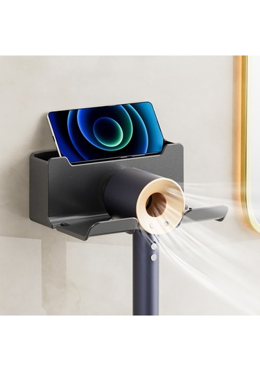 Lichen Saç Kurutma Makinesi Rafı, Punch Yok, Banyo Duvara Montaj Gri