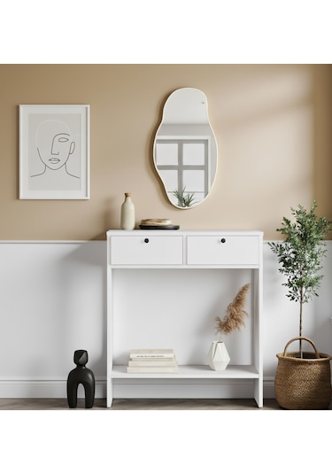 Robin Home Asimetrik Aynalı Dresuar 2 Kapaklı Hol Antre Beyaz 80cm No1 Beyaz
