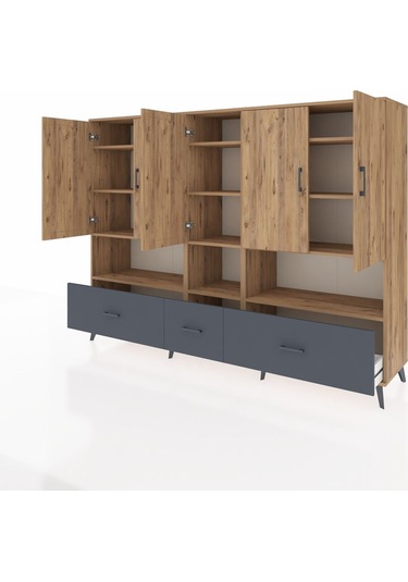 Hyperion Dolap 12 Raflı 3 Çekmeceli 5 Kapaklı 220x44x163 Çam-çam/ Çam-çam/antrasit