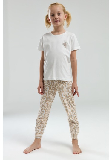 Arnetta 3303 Kız Çocuk Desenli Bisiklet Yaka Şortlu Kısa Kol Pijama Takım Bej