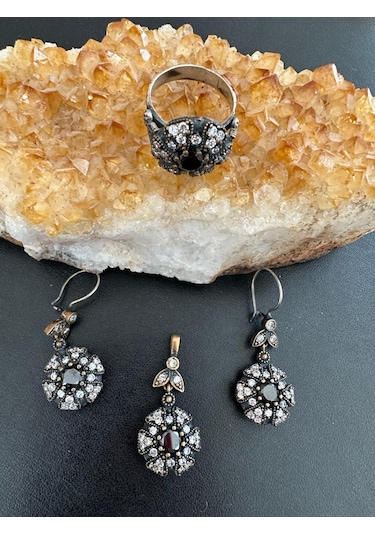 Aysesa Otantik Zirkon Oniks Taşlı Kadın Gümüş Set 2küpe+kolye+yüzük