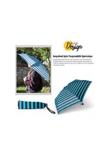 Biggdesign Moods Up Siyah Yeşil Çizgili Manuel Mini Şemsiye - Rüzgara Dayanıklı, Hafif, Renkli Tasarım Çok Renkli