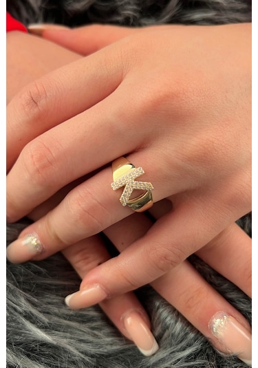 Fiyonk Kuyumculuk 14 Ayar Altın Taşlı K Harfli Yüzük 001