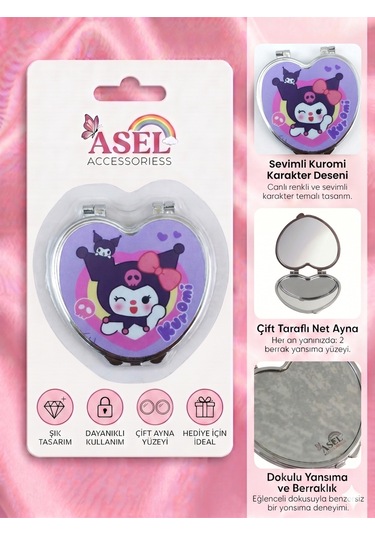 Sevimli Karakter Figürlü Kalp Şeklinde Çift Taraflı Katlanabilir Metal Cep Aynası - Mor