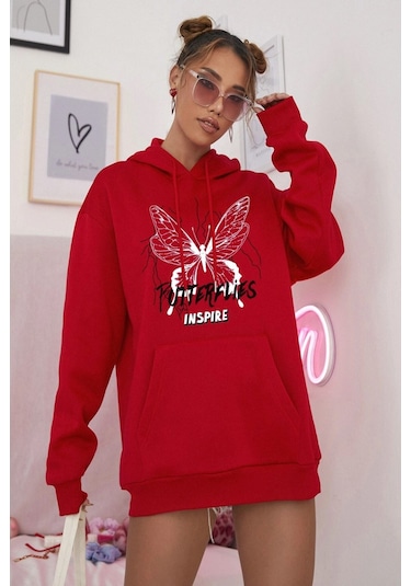 Modagen Kırmızı Kelebek Baskılı Oversıze Kapüşonlu Sweatshırt Kırmızı