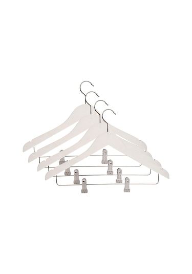 Nyn Ahşap Askı Şık Mandallı Gömlek Etek Askısı Beyaz Renk 4 Adet