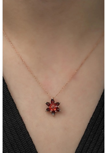 Ervanur Kadın Rose Altın Kaplama Kırmızı Taşlı Lotus Çiçeği Kolye Kırmızı